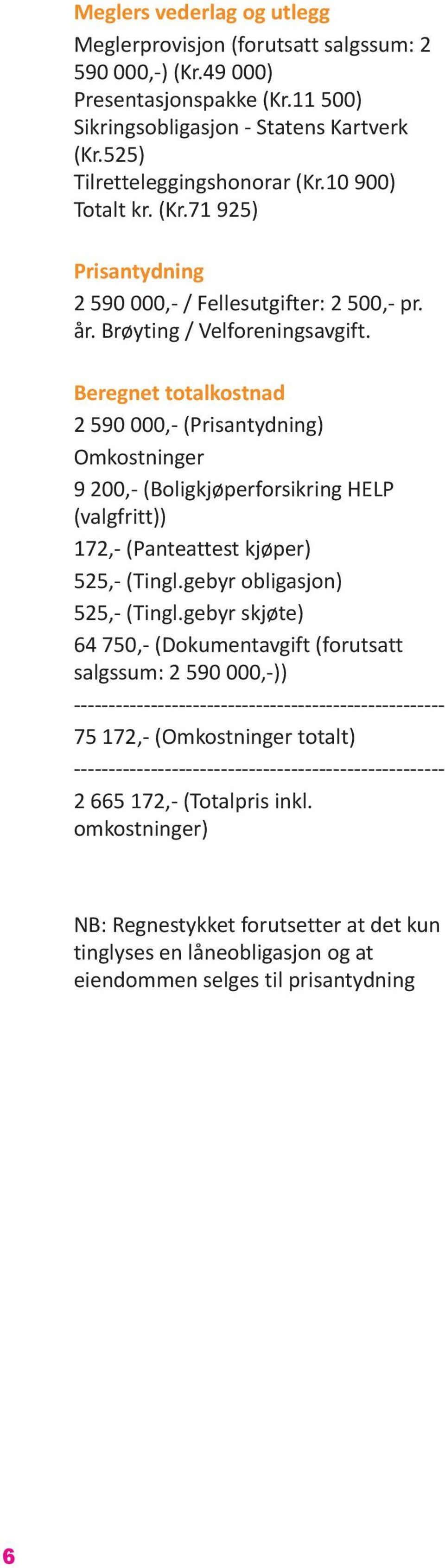 Beregnet totalkostnad 2 590 000,- (Prisantydning) Omkostninger 9 200,- (Boligkjøperforsikring HELP (valgfritt)) 172,- (Panteattest kjøper) 525,- (Tingl.gebyr obligasjon) 525,- (Tingl.