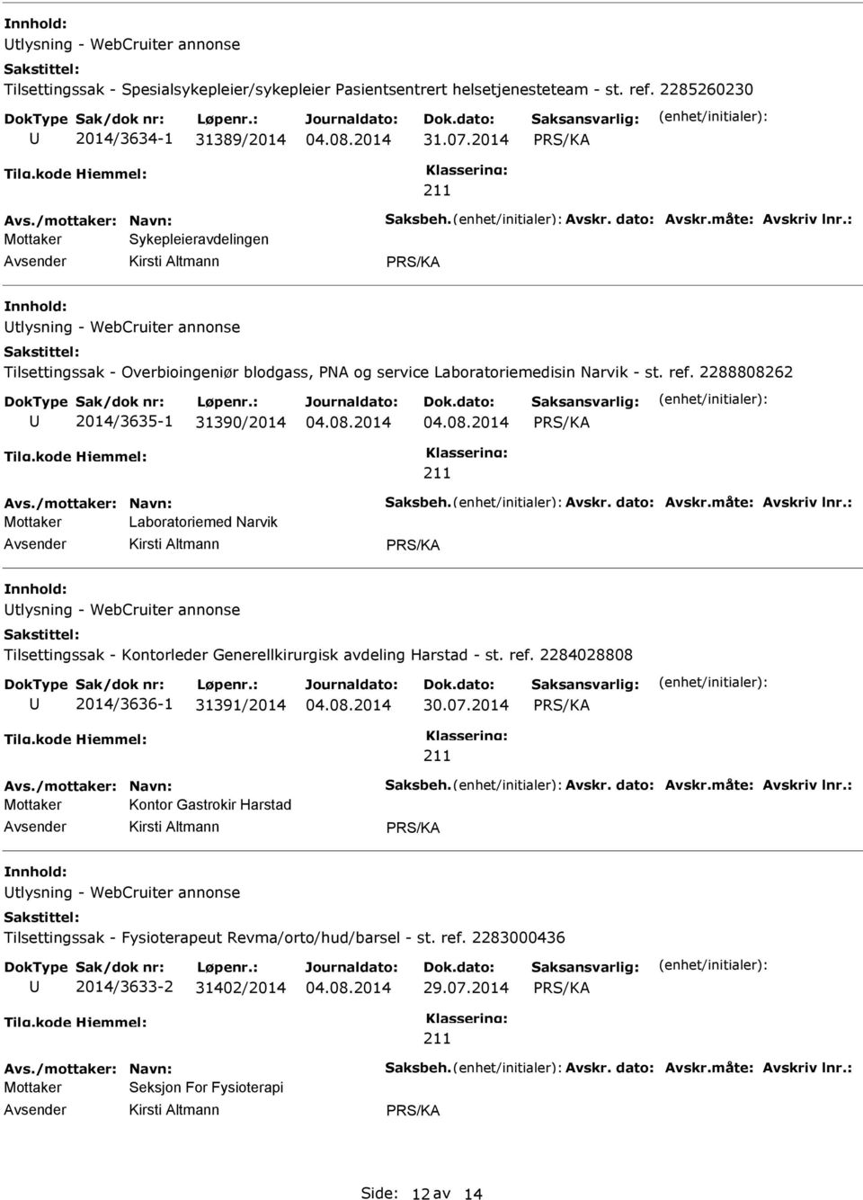 ref. 2288808262 2014/3635-1 31390/2014 Mottaker Laboratoriemed Narvik tlysning - WebCruiter annonse Tilsettingssak - Kontorleder Generellkirurgisk avdeling Harstad - st. ref.