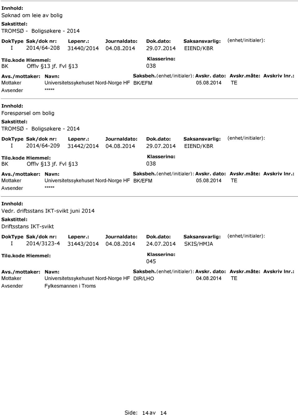 2014 TE ***** Forespørsel om bolig TROMSØ - Boligsøkere - 2014 2014/64-209 31442/2014 29.07.2014 EEND/KBR BK Offlv 13 jf. 2014 TE ***** Vedr.