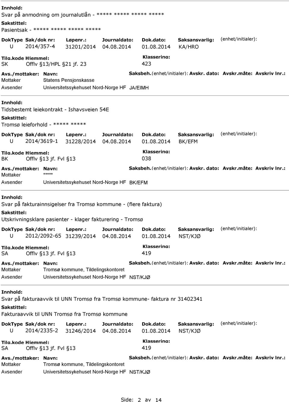 Fvl 13 038 Mottaker ***** niversitetssykehuset Nord-Norge HF BK/EFM Svar på fakturainnsigelser fra Tromsø kommune - (flere faktura) tskrivningsklare pasienter - klager fakturering - Tromsø