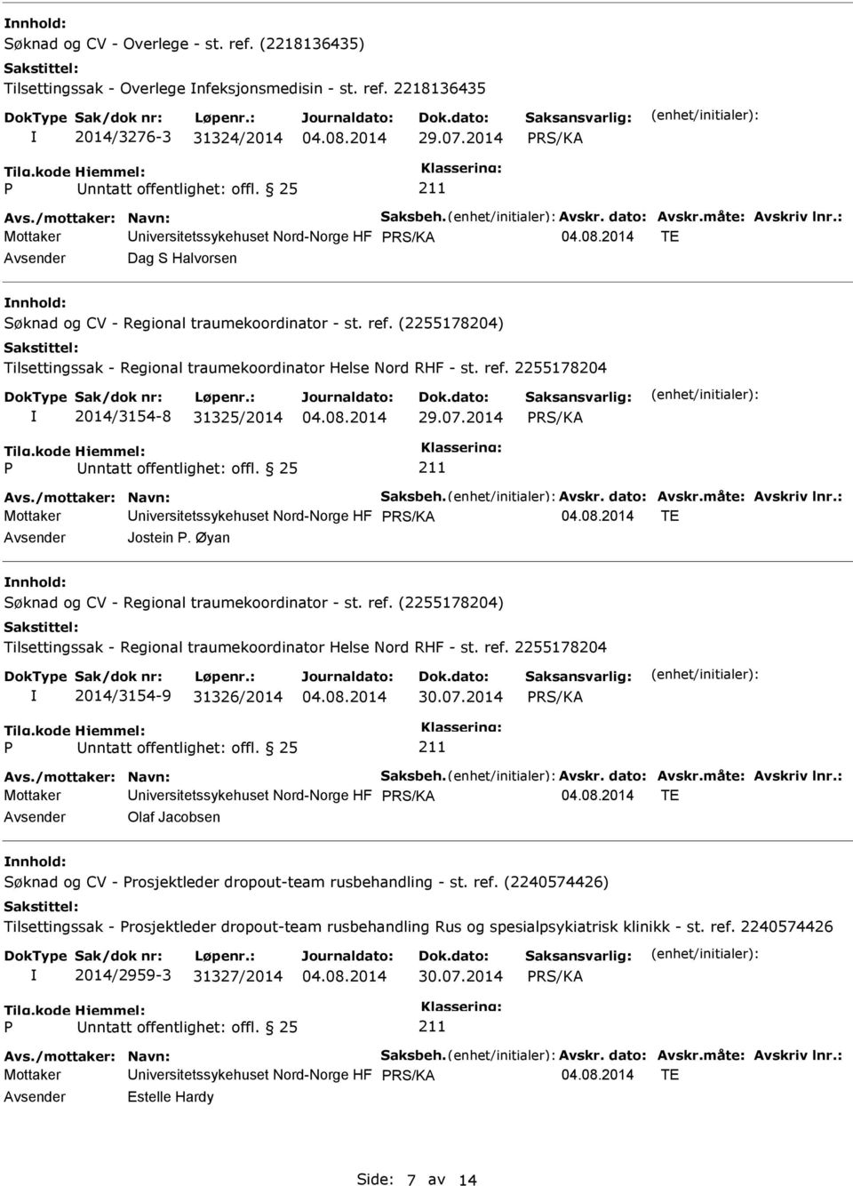 Øyan 2014/3154-9 31326/2014 30.07.2014 Mottaker niversitetssykehuset Nord-Norge HF TE Olaf Jacobsen Søknad og CV - rosjektleder dropout-team rusbehandling - st. ref.