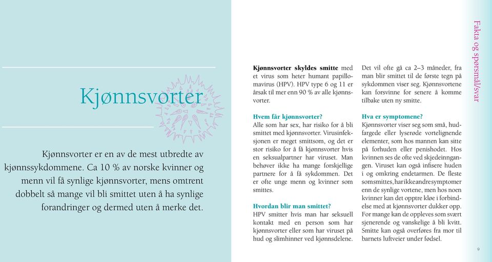 Kjønnsvorter skyldes smitte med et virus som heter humant papillomavirus (HPV). HPV type 6 og 11 er årsak til mer enn 90 % av alle kjønnsvorter. Hvem får kjønnsvorter?