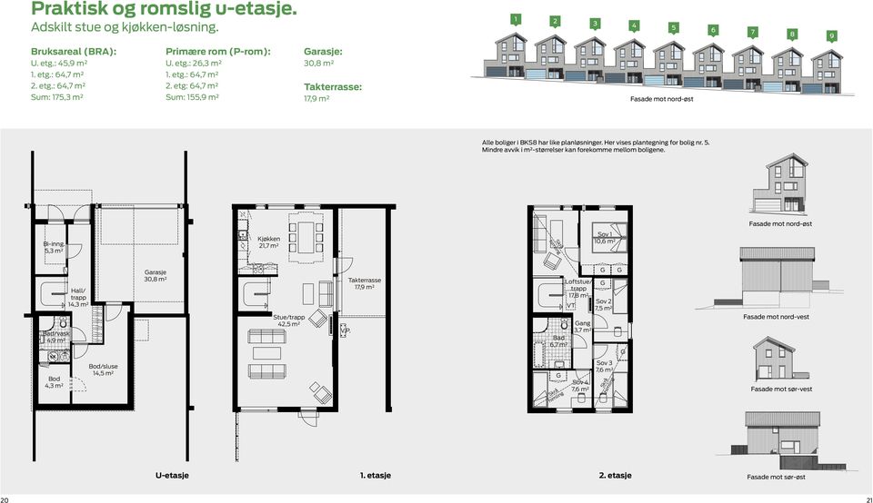 Mindre avvik i m²-størrelser kan forekomme mellom boligene. Kjøkken 21,7 m² Takterrasse 17,9 m² Fasade mot nord-øst Bi-inng. 5,3 m² Kjøkken 21,7 m² Stue/trapp 42,5 m² V.P.