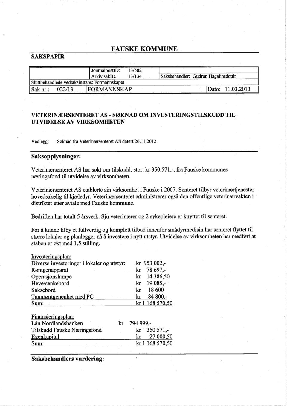 2012 Saksopplysninger: VeterinærsenteretAS har søkt om tilskudd, stort kr 350.571,-, fra Fauske kommunes næringsfond til utvidelse av virksomheten.
