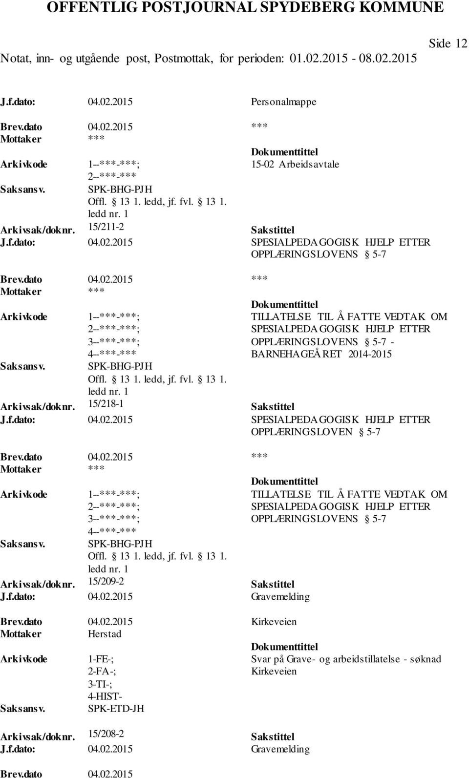 15/218-1 Sakstittel J.f.dato: 04.02.2015 SPESIALPEDAGOGISK HJELP ETTER OPPLÆRINGSLOVEN 5-7 Brev.dato 04.02.2015 *** ; 3--***-***; 4--***-*** SPK-BHG-PJH Arkivsak/doknr. 15/209-2 Sakstittel J.f.dato: 04.02.2015 Gravemelding TILLATELSE TIL Å FATTE VEDTAK OM SPESIALPEDAGOGISK HJELP ETTER OPPLÆRINGSLOVENS 5-7 Brev.