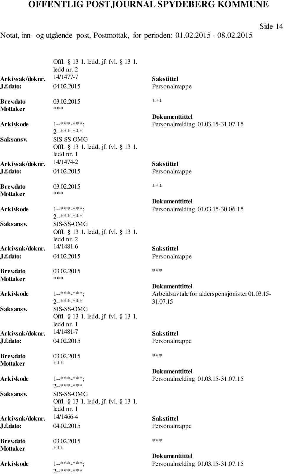 14/1481-7 Sakstittel J.f.dato: 04.02.2015 Personalmappe Arbeidsavtale for alderspensjonister 01.03.15-31.07.15 Personalmelding 01.03.15-31.07.15 SIS-SS-OMG Arkivsak/doknr.