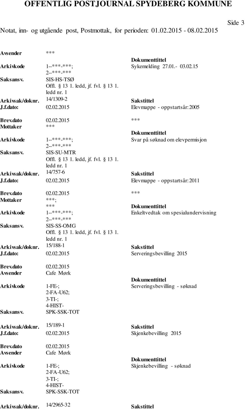 dato 02.02.2015 Avsender Cafe Mørk 1-FE-; 2-FA-U62; 3-TI-; 4-HIST- SPK-SSK-TOT Serveringsbevilling - søknad Arkivsak/doknr. 15/189-1 Sakstittel J.f.dato: 02.02.2015 Skjenkebevilling 2015 Brev.