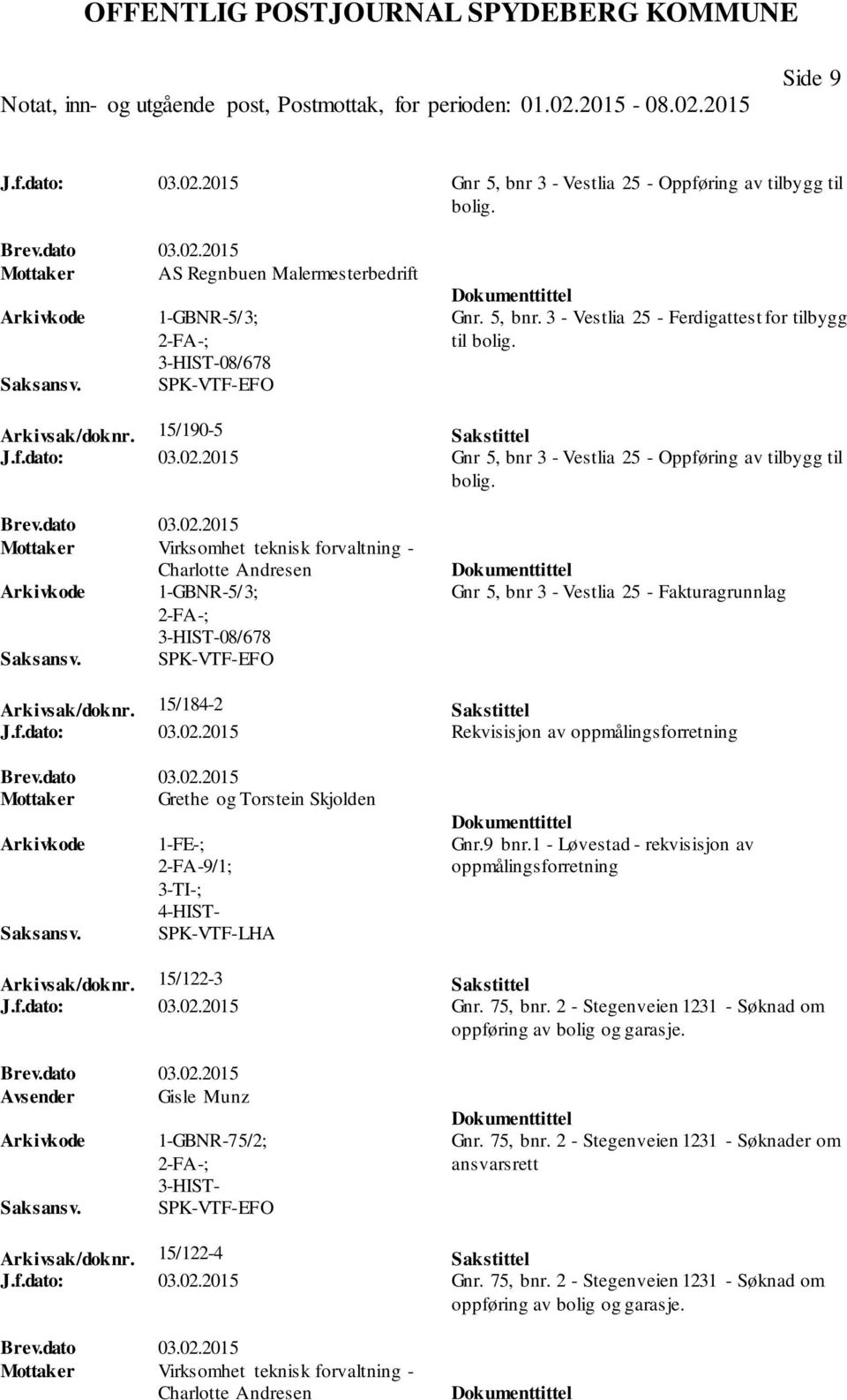 2015 Gnr 5, bnr 3 - Vestlia 25 - Oppføring av tilbygg til bolig. Brev.dato 03.02.