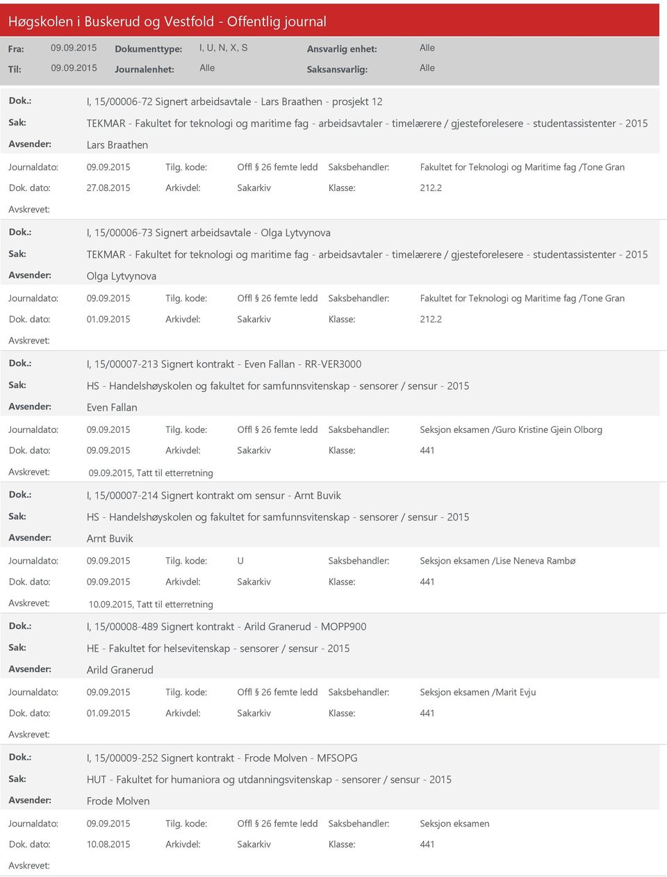 2015 Arkivdel: Sakarkiv I, 15/00006-73 Signert arbeidsavtale - Olga Lytvynova TEKMAR - Fakultet for teknologi og maritime fag - arbeidsavtaler - timelærere / gjesteforelesere - studentassistenter -