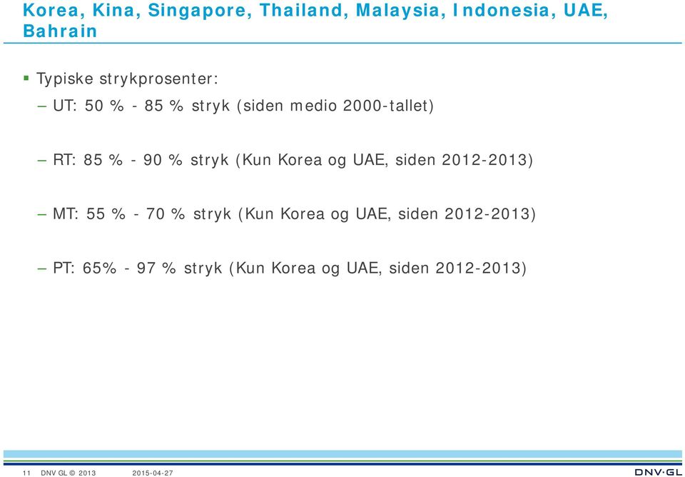 % stryk (Kun Korea og UAE, siden 2012-2013) MT: 55 % - 70 % stryk (Kun Korea