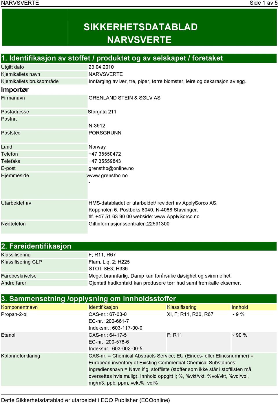 Importør Firmanavn GRENLAND STEIN & SØLV AS Postadresse Storgata 211 Postnr. N-3912 Poststed PORSGRUNN Land Norway Telefon +47 35550472 Telefaks +47 35559843 E-post grenstho@online.no Hjemmeside vwww.