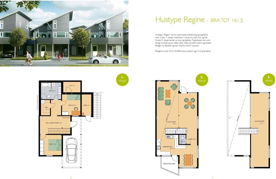 Boligen er fleksibel og kan romme inntil 5 eom. Boligene er på 161,5 m2 BRA pluss carport og 5 m2 sportsbod. 1. 2. 3.