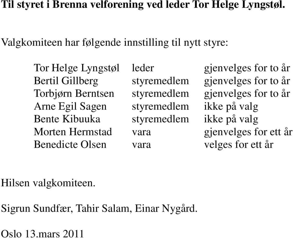 styremedlem gjenvelges for to år Torbjørn Berntsen styremedlem gjenvelges for to år Arne Egil Sagen styremedlem ikke på valg