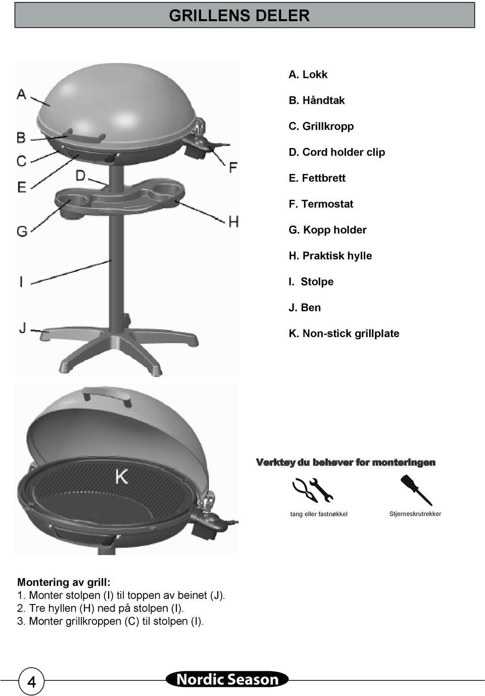 Non-stick grillplate Verktøy du behøver for monteringen tang eller fastnøkkel Stjerneskrutrekker