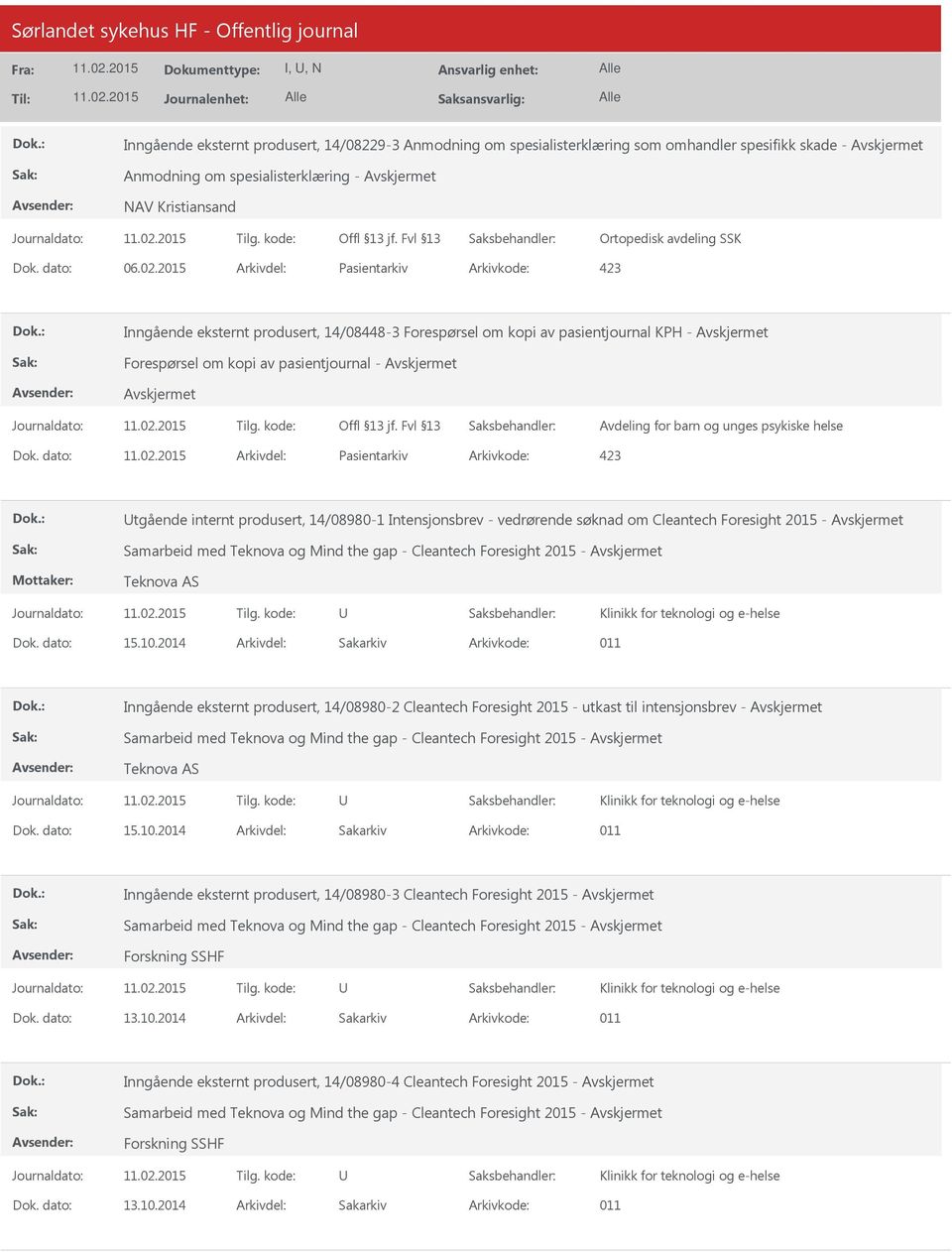 Pasientarkiv 423 tgående internt produsert, 14/08980-1 Intensjonsbrev - vedrørende søknad om Cleantech Foresight 2015 - Samarbeid med Teknova og Mind the gap - Cleantech Foresight 2015 - Teknova AS