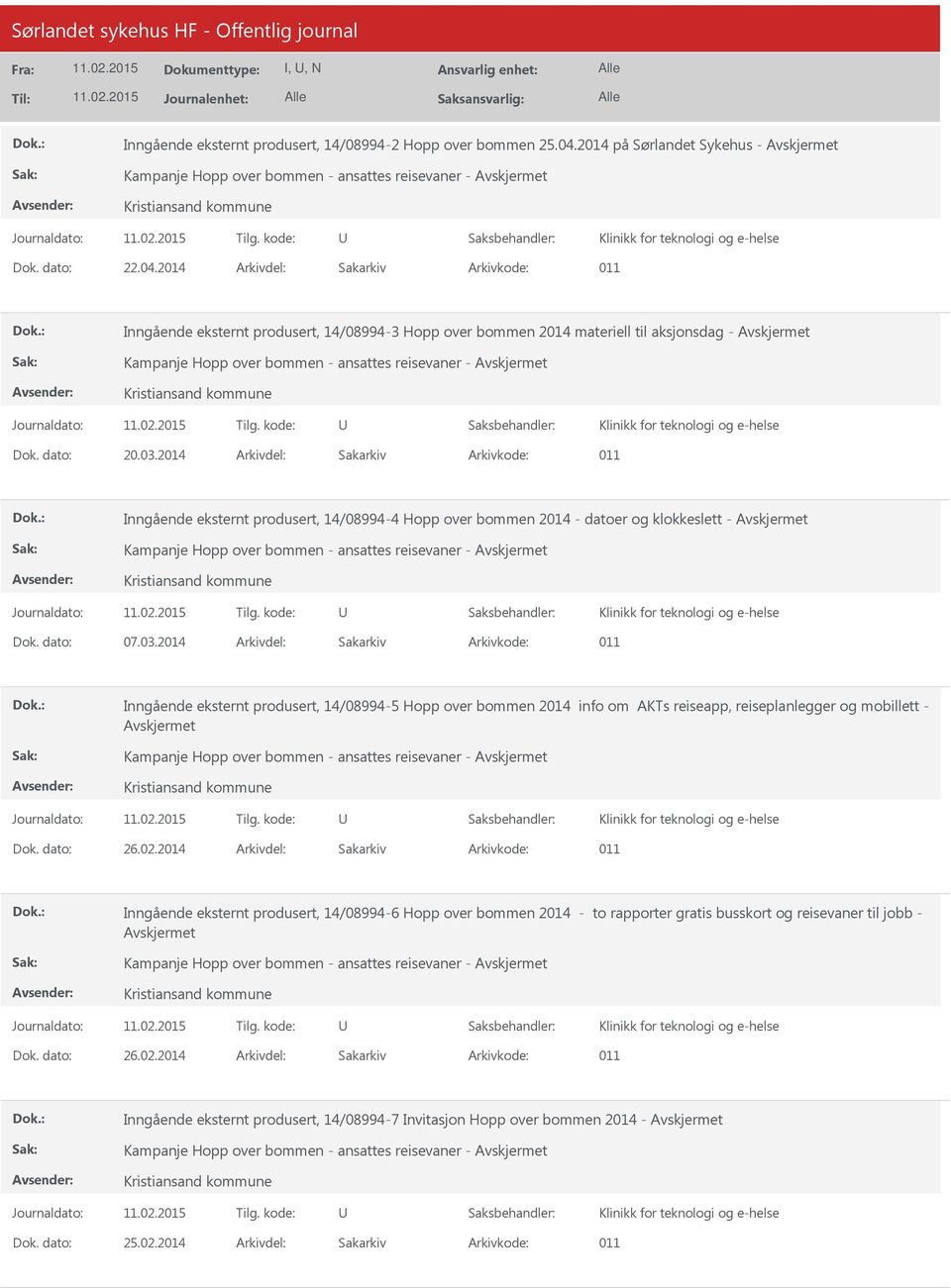 2014 011 Inngående eksternt produsert, 14/08994-3 Hopp over bommen 2014 materiell til aksjonsdag - Kampanje Hopp over bommen - ansattes reisevaner - Kristiansand kommune Klinikk for teknologi og