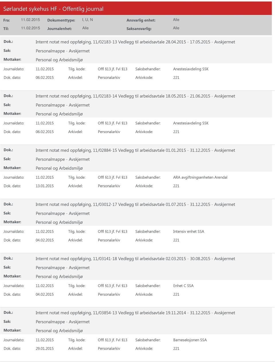 2015 - Personalmappe - ARA avgiftningsenheten Arendal 13.01.2015 Personalarkiv 221 Internt notat med oppfølging, 11/03012-17 Vedlegg til arbeidsavtale 01.07.2015-31.12.2015 - Personalmappe - Intensiv enhet SSA 04.