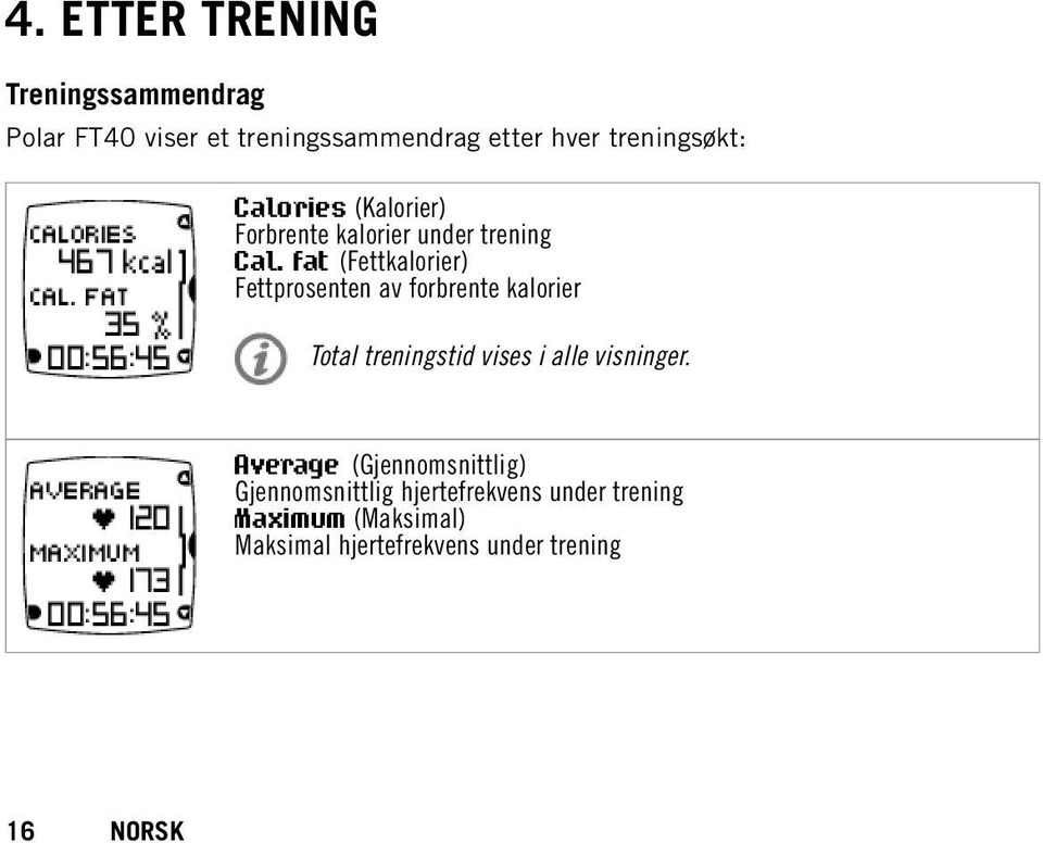 fat (Fettkalorier) Fettprosenten av forbrente kalorier Total treningstid vises i alle visninger.