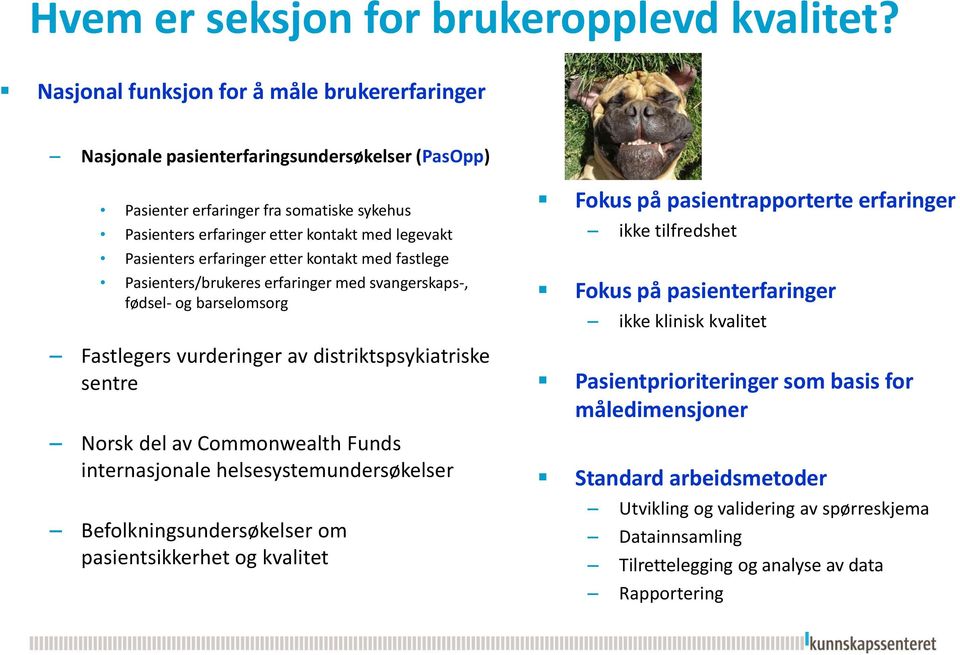 erfaringer etter kontakt med fastlege Pasienters/brukeres erfaringer med svangerskaps-, fødsel- og barselomsorg Fastlegers vurderinger av distriktspsykiatriske sentre Norsk del av Commonwealth Funds