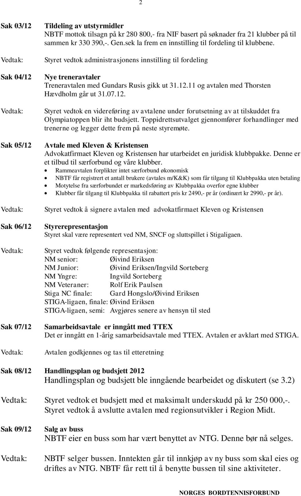 11 og avtalen med Thorsten Hævdholm går ut 31.07.12. Styret vedtok en videreføring av avtalene under forutsetning av at tilskuddet fra Olympiatoppen blir iht budsjett.