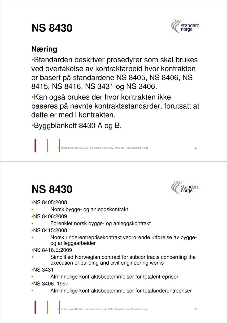 2009, Kristoffer Polak Standard Norge 29 NS 8430 NS 8405:2008 Norsk bygge- og anleggskontrakt NS 8406:2009 Forenklet norsk bygge- og anleggskontrakt NS 8415:2008 Norsk underentreprisekontrakt