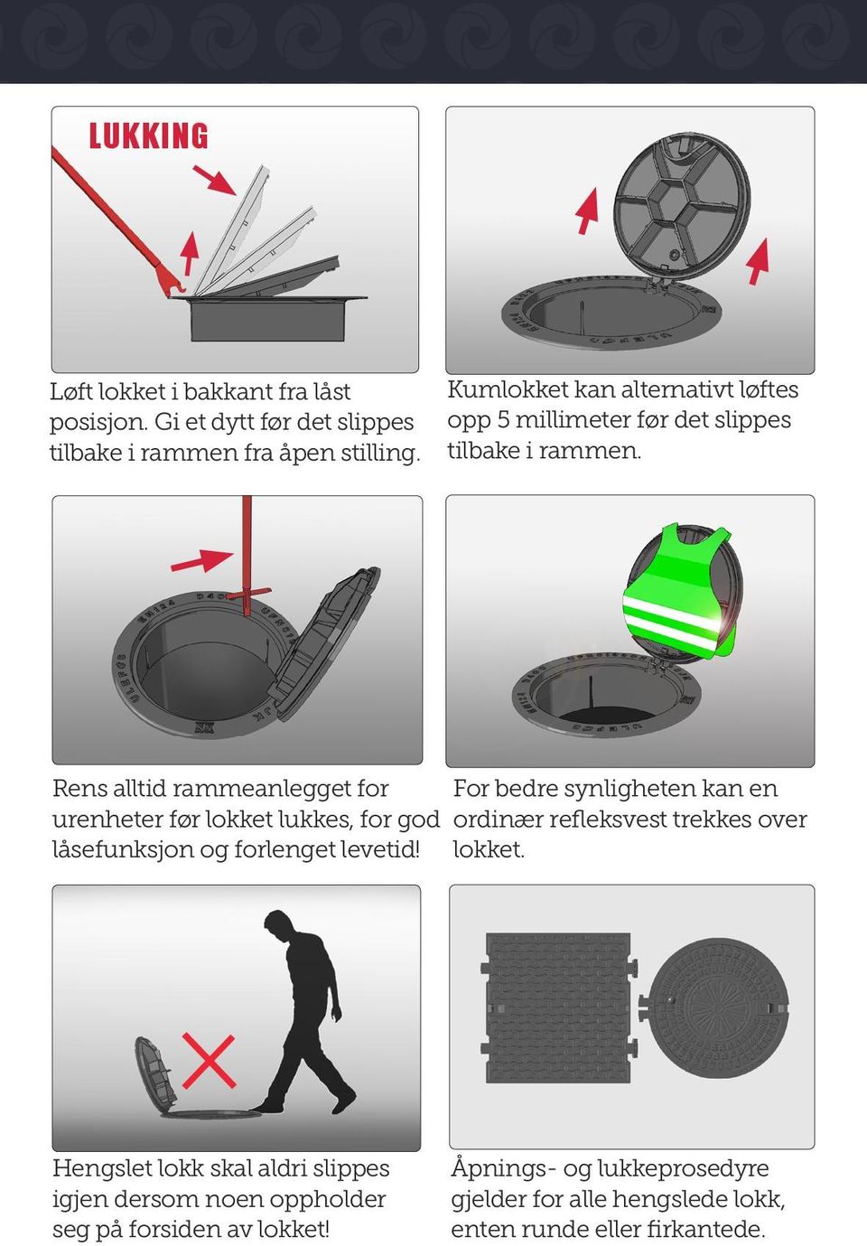 Rens alltid rammeanlegget for urenheter før lokket lukkes, for god låsefunksjon og forlenget levetid!