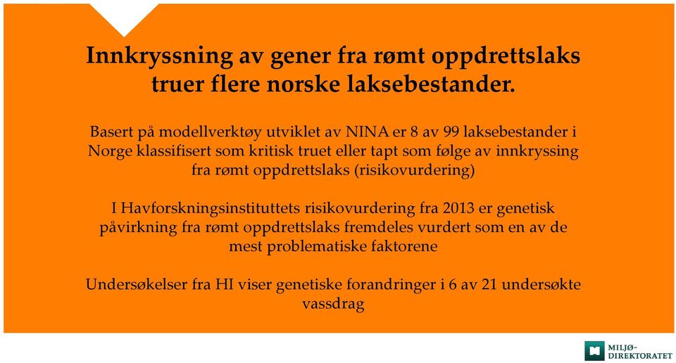 følge av innkryssing fra rømt oppdrettslaks (risikovurdering) I Havforskningsinstituttets risikovurdering fra 2013 er