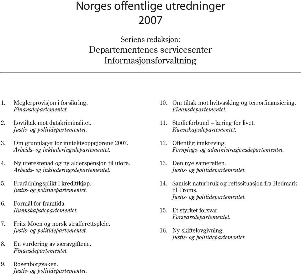 Arbeids- og inkluderingsdepartementet. 10. Om tiltak mot hvitvasking og terrorfinansiering. Finansdepartementet. 11. Studieforbund læring for livet. Kunnskapsdepartementet. 12. Offentlig innkreving.