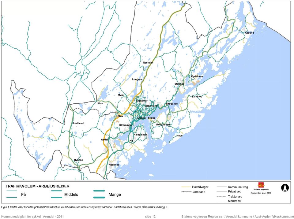 syklister Hovedveger Jernbane Kommunal veg Privat veg Traktorveg Merket sti Region Sør Mars 2011 Figur 1 Kartet viser hvordan potensielt trafikkvolum av arbeidsreiser fordeler