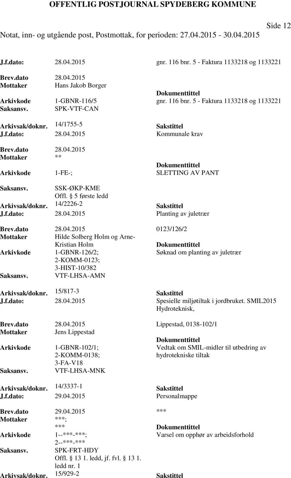 dato 28.04.2015 0123/126/2 Mottaker Hilde Solberg Holm og Arne- Kristian Holm 1-GBNR-126/2; Søknad om planting av juletrær 2-KOMM-0123; 10/382 VTF-LHSA-AMN Arkivsak/doknr. 15/817-3 Sakstittel J.f.