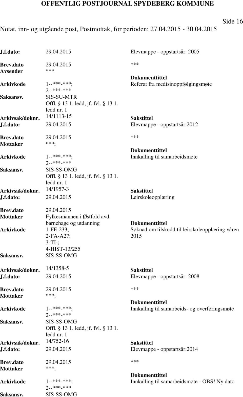 barnehage og utdanning 1-FE-233; 2-FA-A27; 4-HIST-13/255 SIS-SS-OMG Søknad om tilskudd til leirskoleopplæring våren 2015 Arkivsak/doknr. 14/1358-5 Sakstittel J.f.dato: 29.04.