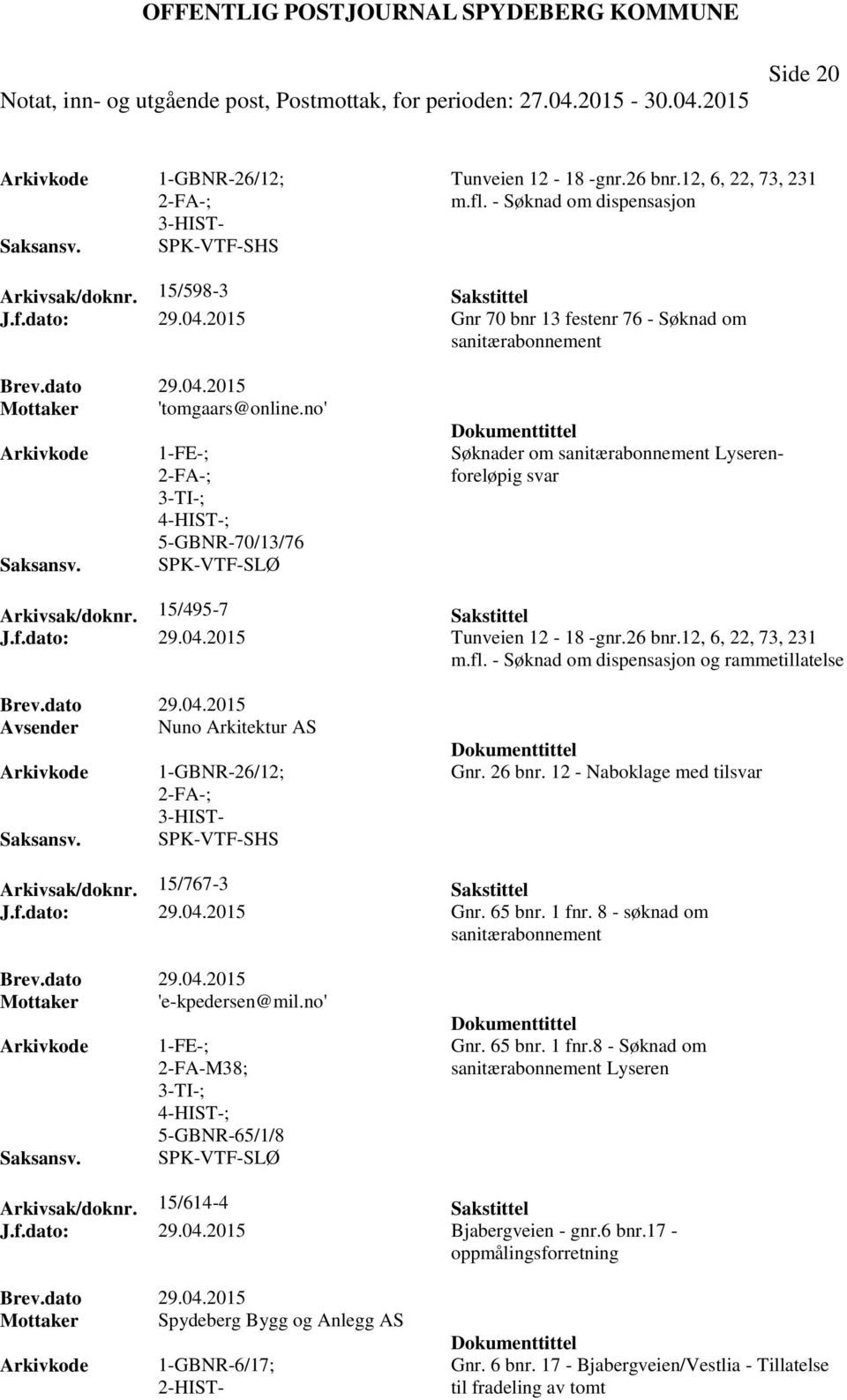 no' 1-FE-; 4-HIST-; 5-GBNR-70/13/76 SPK-VTF-SLØ Søknader om sanitærabonnement Lyserenforeløpig svar Arkivsak/doknr. 15/495-7 Sakstittel J.f.dato: 29.04.2015 Tunveien 12-18 -gnr.26 bnr.