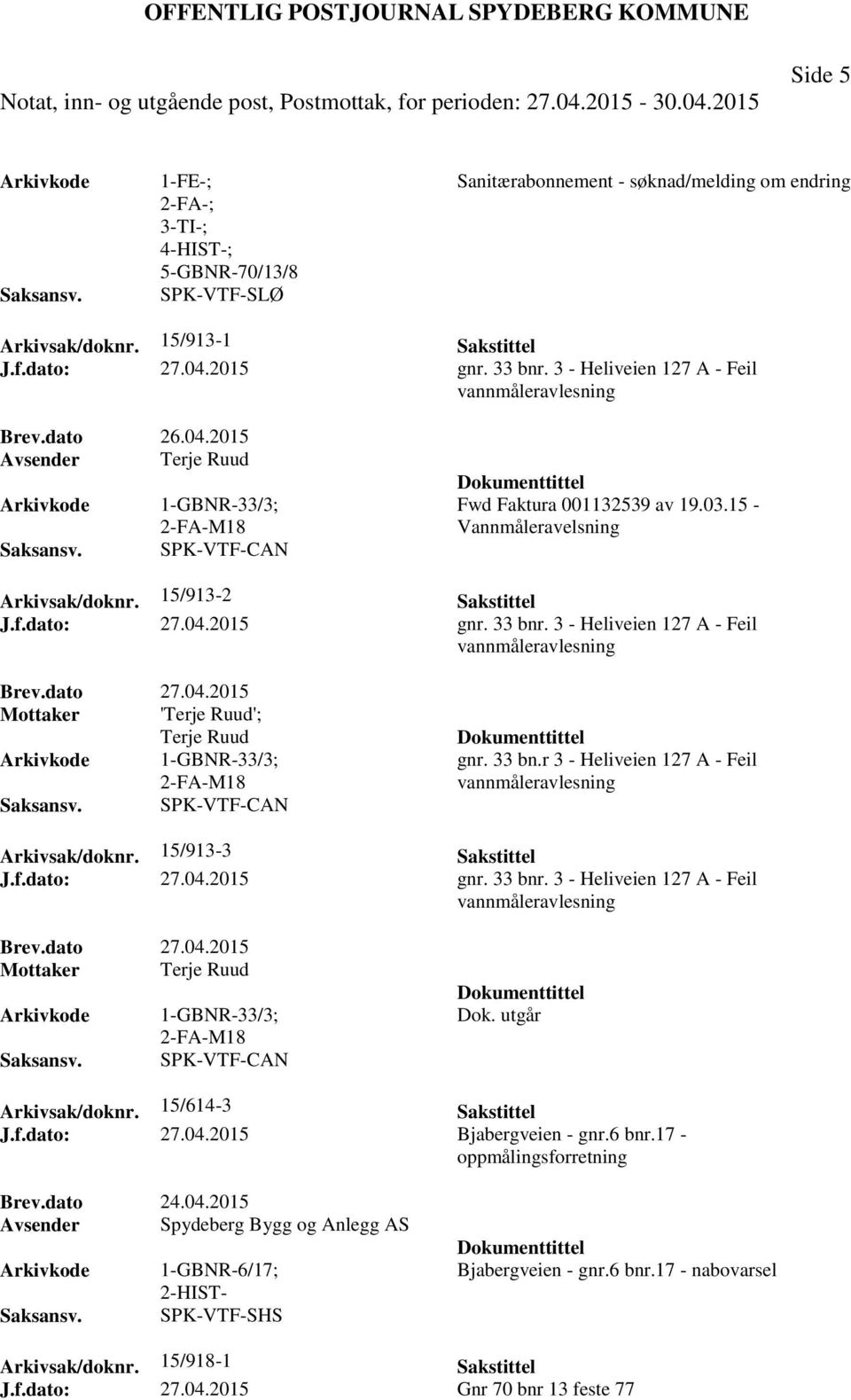 15/913-2 Sakstittel J.f.dato: 27.04.2015 gnr. 33 bnr. 3 - Heliveien 127 A - Feil vannmåleravlesning Brev.dato 27.04.2015 Mottaker 'Terje Ruud'; Terje Ruud 1-GBNR-33/3; 2-FA-M18 SPK-VTF-CAN gnr. 33 bn.r 3 - Heliveien 127 A - Feil vannmåleravlesning Arkivsak/doknr.