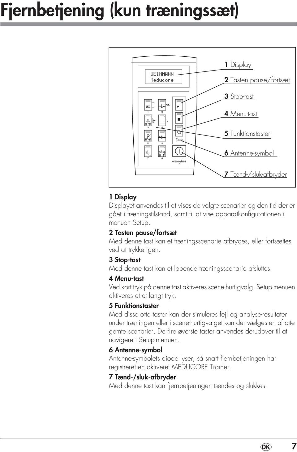 2 Tasten pause/fortsæt Med denne tast kan et træningsscenarie afbrydes, eller fortsættes ved at trykke igen. 3 Stop-tast Med denne tast kan et løbende træningsscenarie afsluttes.