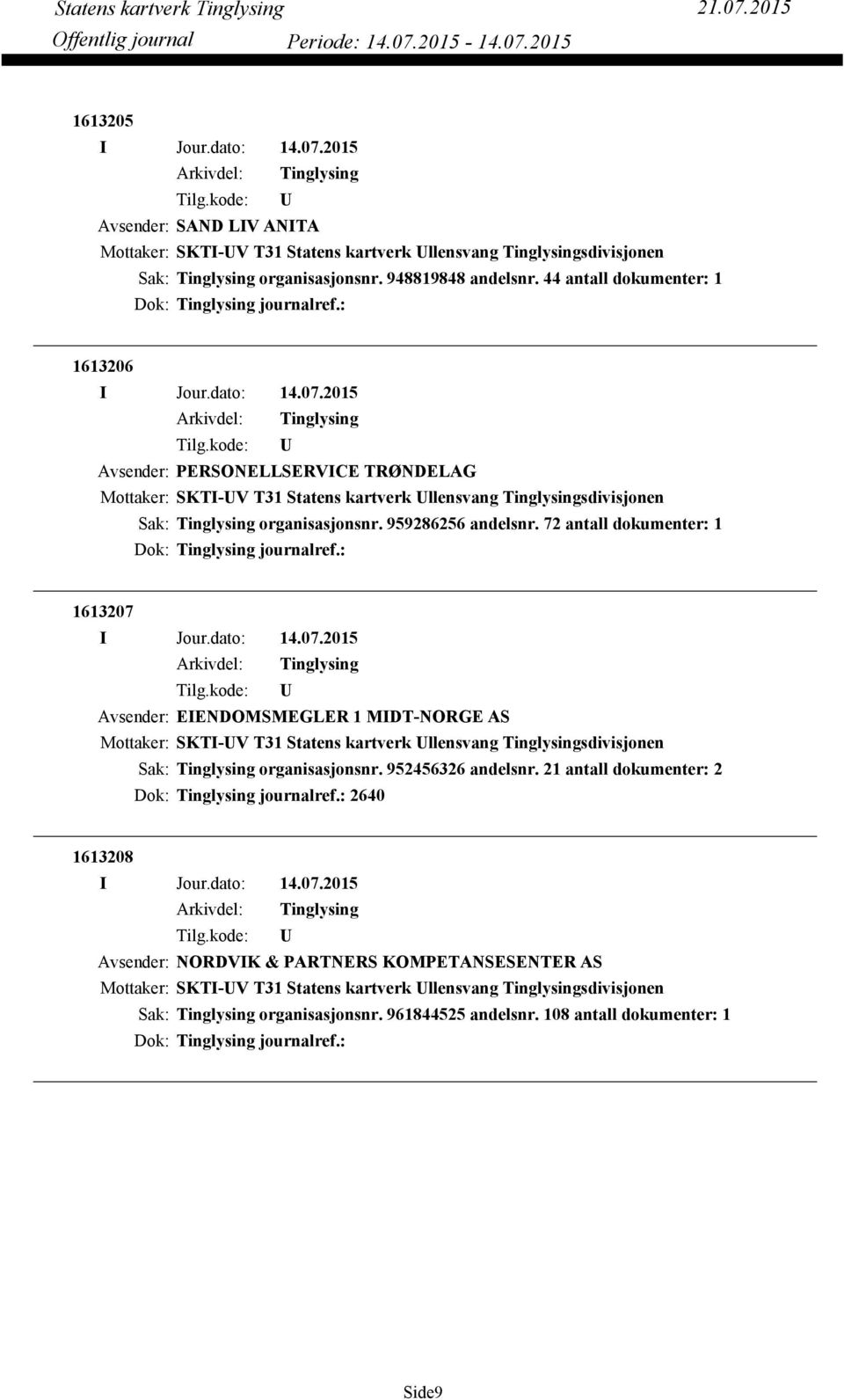 72 antall dokumenter: 1 Dok: journalref.: 1613207 Avsender: EIENDOMSMEGLER 1 MIDT-NORGE AS Mottaker: SKTI-V T31 Statens kartverk llensvang sdivisjonen organisasjonsnr. 952456326 andelsnr.