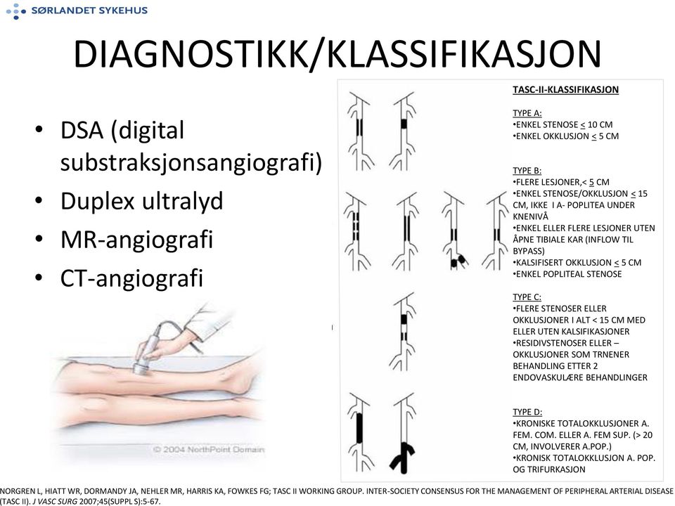 DIAGNOSTIKK/KLASSIFIKASJON TASC-II-KLASSIFIKASJON DSA (digital substraksjonsangiografi) Duplex ultralyd MR-angiografi CT-angiografi TYPE A: ENKEL STENOSE < 10 CM ENKEL OKKLUSJON < 5 CM TYPE B: FLERE