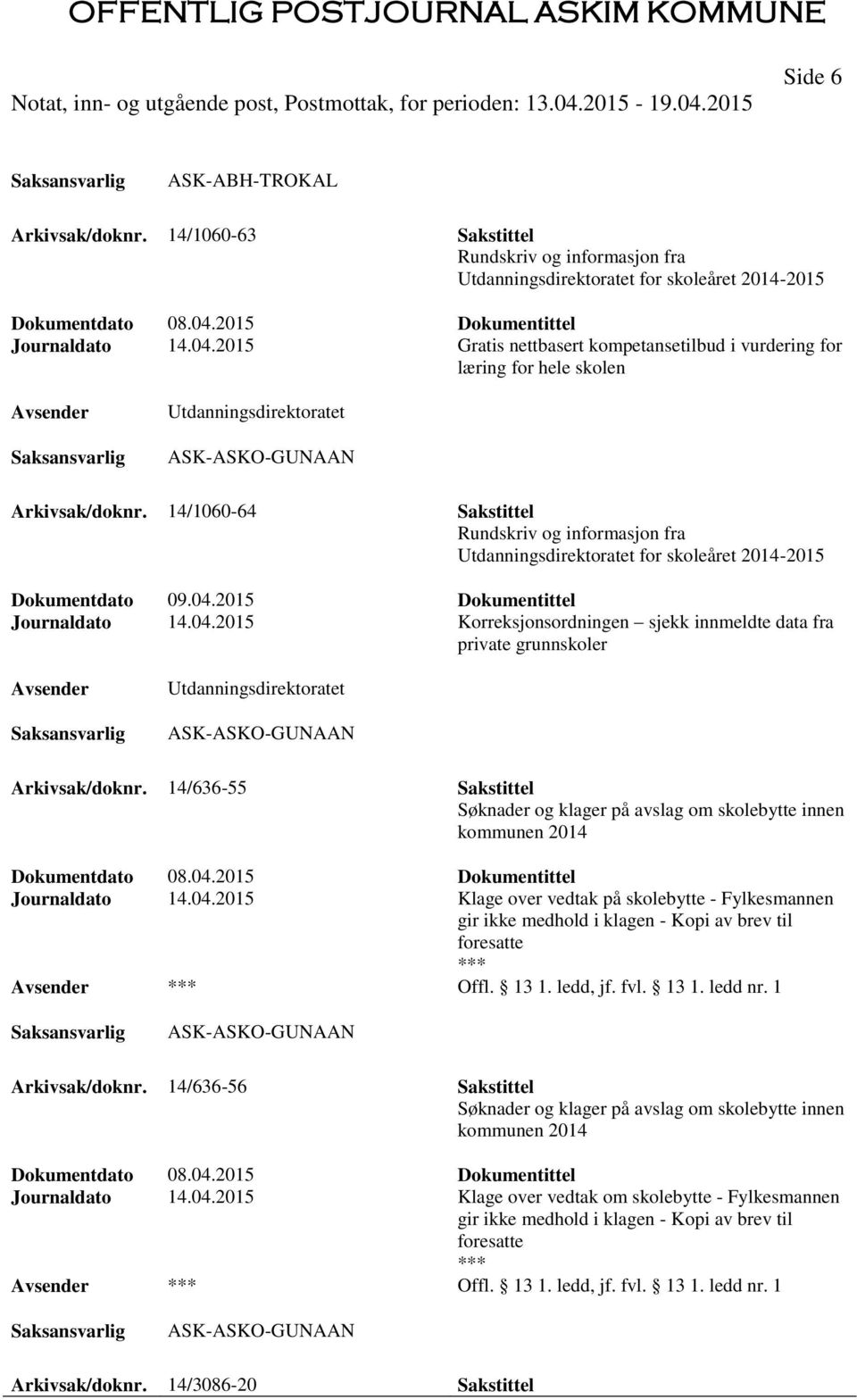 14/1060-64 Sakstittel Rundskriv og informasjon fra Utdanningsdirektoratet for skoleåret 2014-2015 Dokumentdato 09.04.