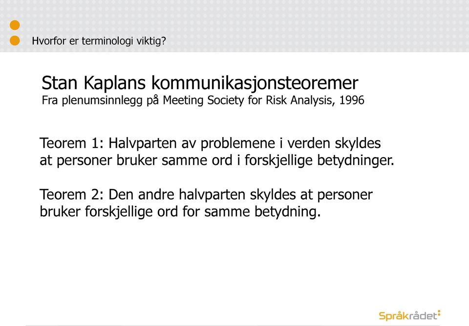 Analysis, 1996 Teorem 1: Halvparten av problemene i verden skyldes at personer