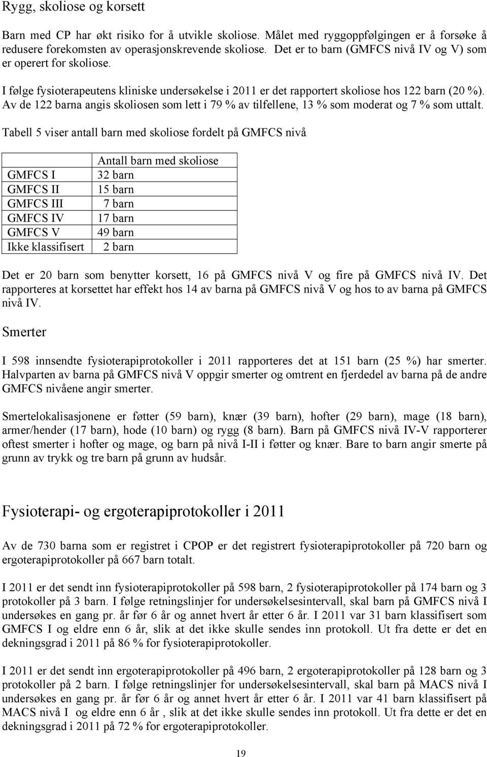 Av de 122 barna angis skoliosen som lett i 79 % av tilfellene, 13 % som moderat og 7 % som uttalt.