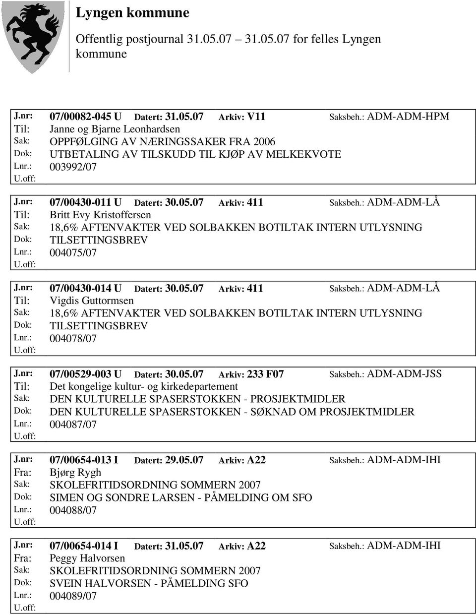 : 004075/07 J.nr: 07/00430-014 U Datert: 30.05.07 Arkiv: 411 Saksbeh.: ADM-ADM-LÅ Til: Vigdis Guttormsen Sak: 18,6% AFTENVAKTER VED SOLBAKKEN BOTILTAK INTERN UTLYSNING Dok: TILSETTINGSBREV Lnr.