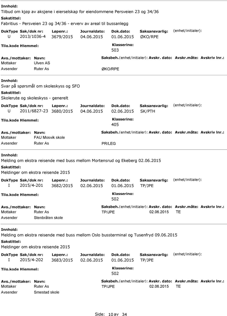 : Mottaker lven AS ØKO/RPE nnhold: Svar på spørsmål om skoleskyss og SFO Skolerute og skoleskyss - generelt 2011/6827-23 3680/2015 SK/PTH 405 Avs.