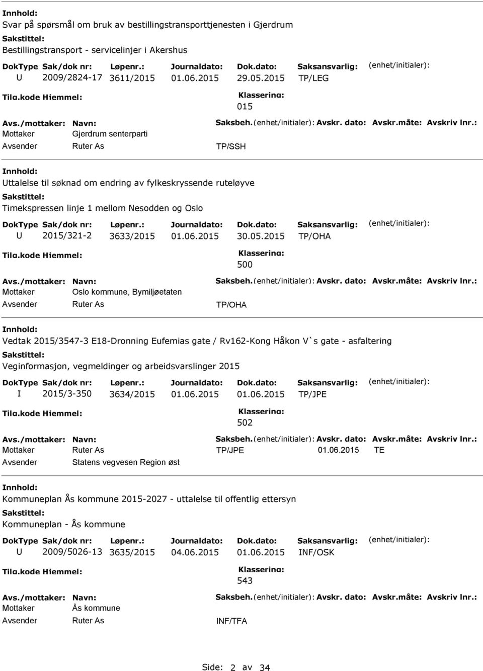 : Mottaker Gjerdrum senterparti TP/SSH nnhold: ttalelse til søknad om endring av fylkeskryssende ruteløyve Timekspressen linje 1 mellom Nesodden og Oslo 2015/321-2 3633/2015 30.05.2015 TP/OHA 500 Avs.