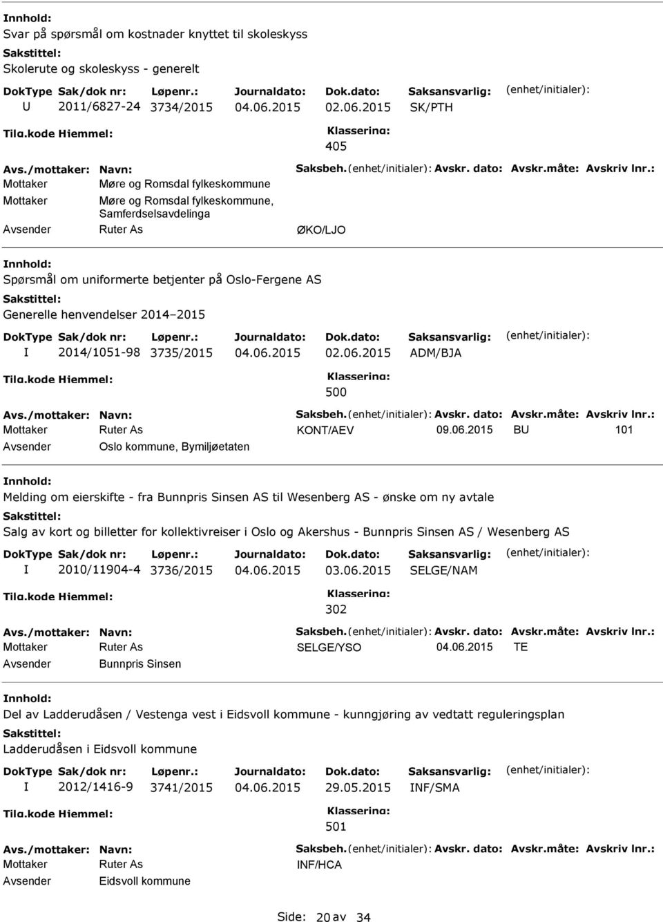 2015 2014/1051-98 3735/2015 ADM/BJA 500 Avs./mottaker: Navn: Saksbeh. Avskr. dato: Avskr.måte: Avskriv lnr.: KONT/AEV 09.06.