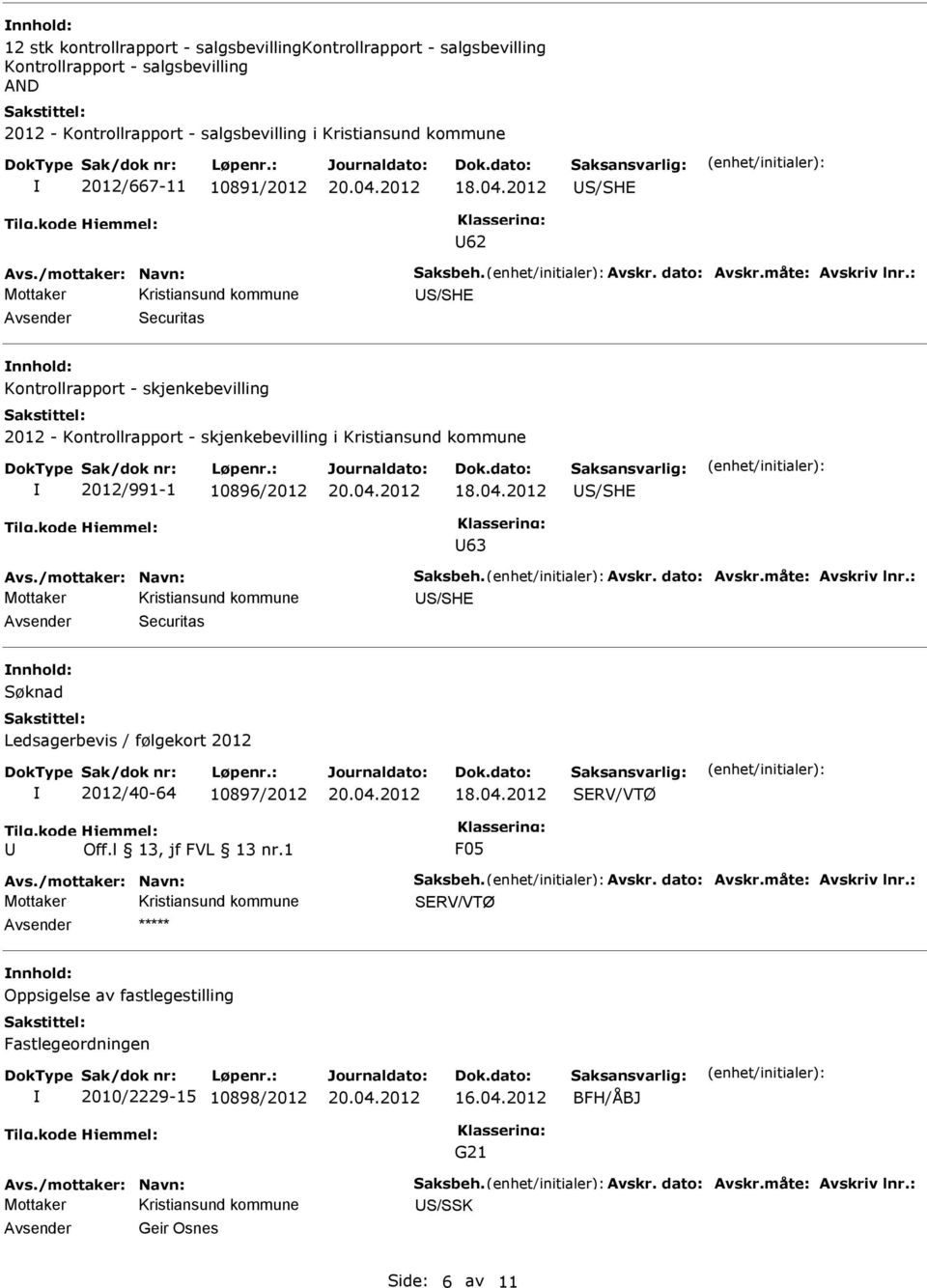 : Avsender Securitas nnhold: Kontrollrapport - skjenkebevilling 2012 - Kontrollrapport - skjenkebevilling i Kristiansund kommune 2012/991-1 10896/2012 63 Avs./mottaker: Navn: Saksbeh. Avskr.