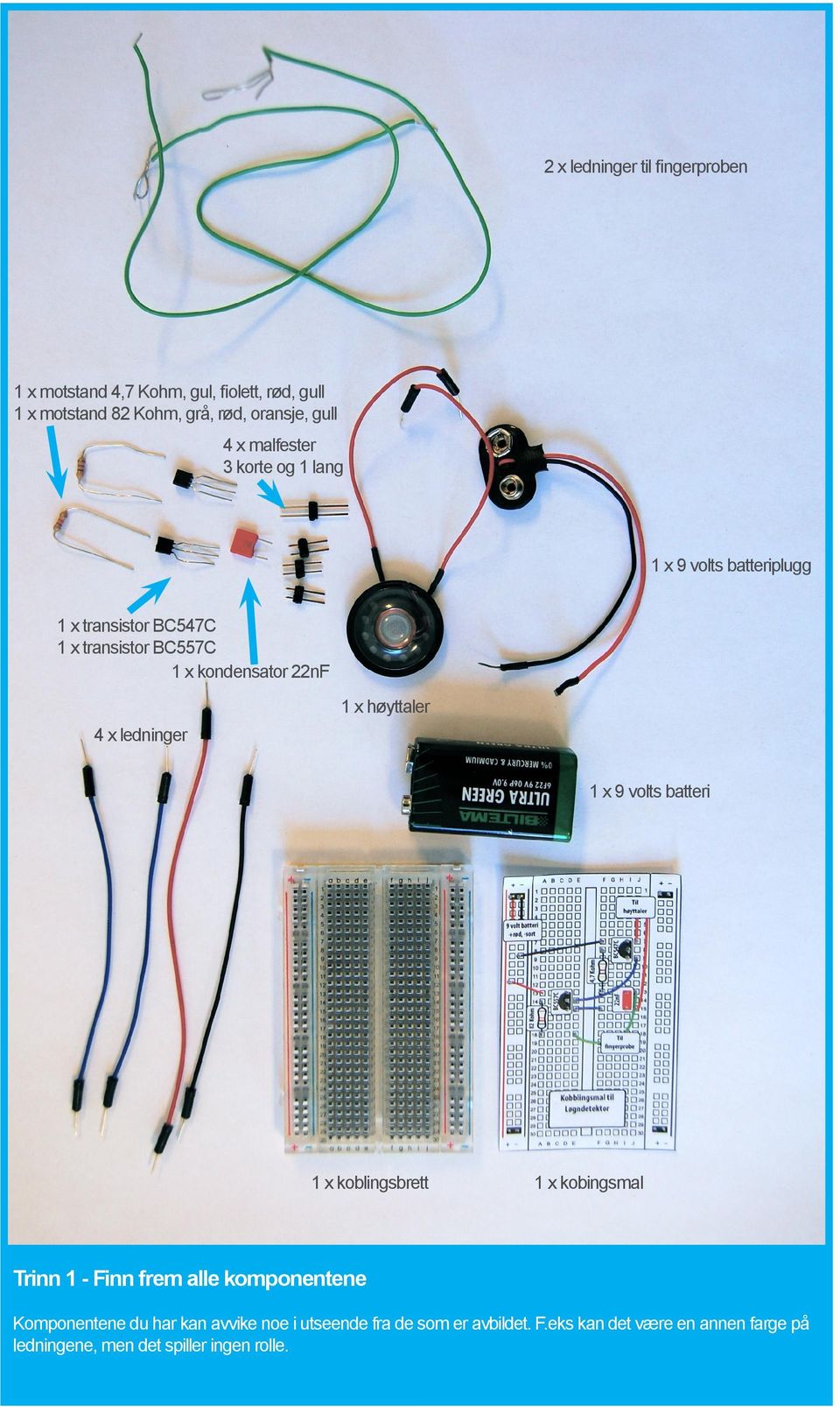 ledninger 1 x høyttaler 1 x 9 volts batteri 1 x koblingsbrett 1 x kobingsmal Trinn 1 - Finn frem alle komponentene Komponentene