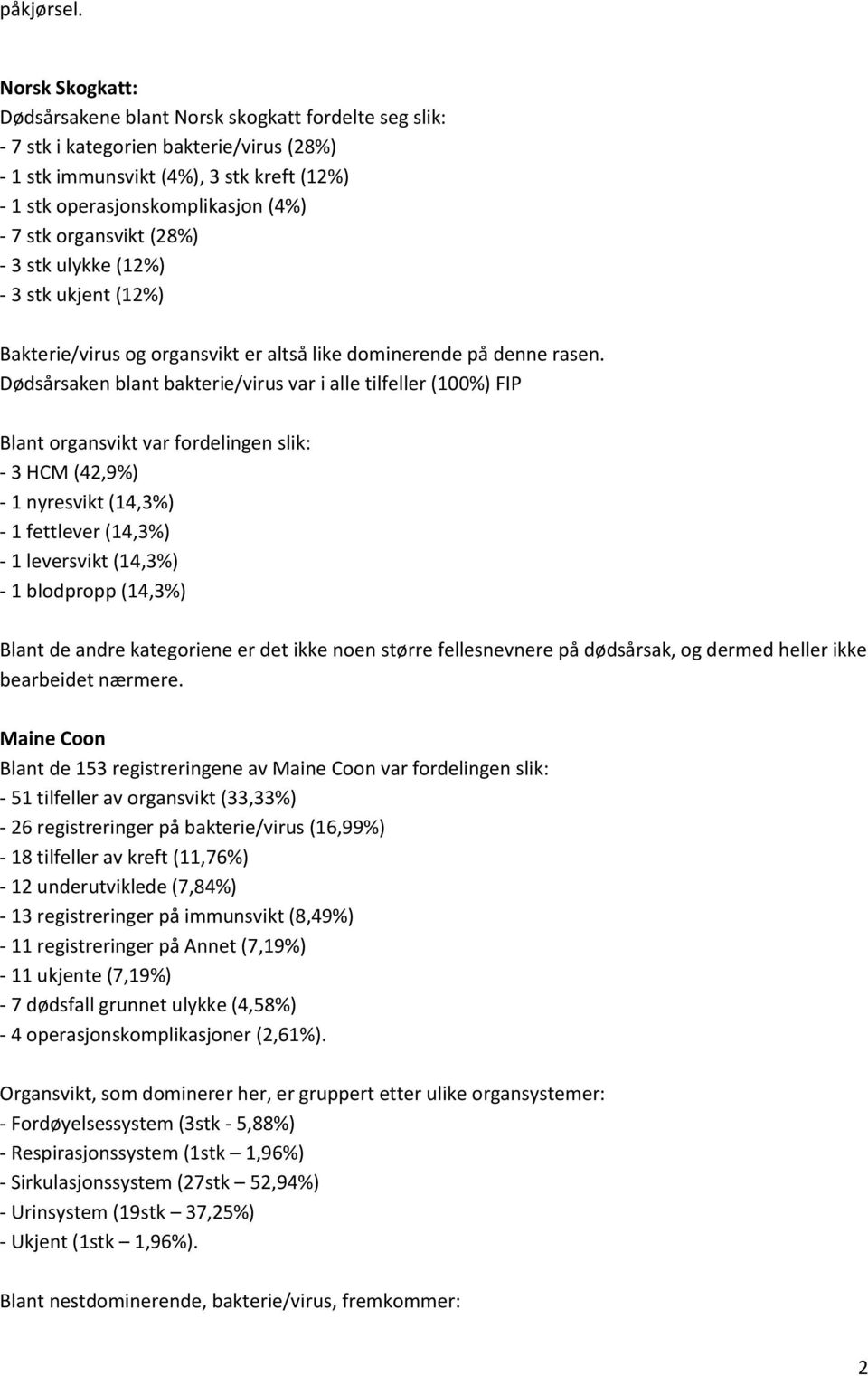 organsvikt (28%) - 3 stk ulykke (12%) - 3 stk ukjent (12%) Bakterie/virus og organsvikt er altså like dominerende på denne rasen.