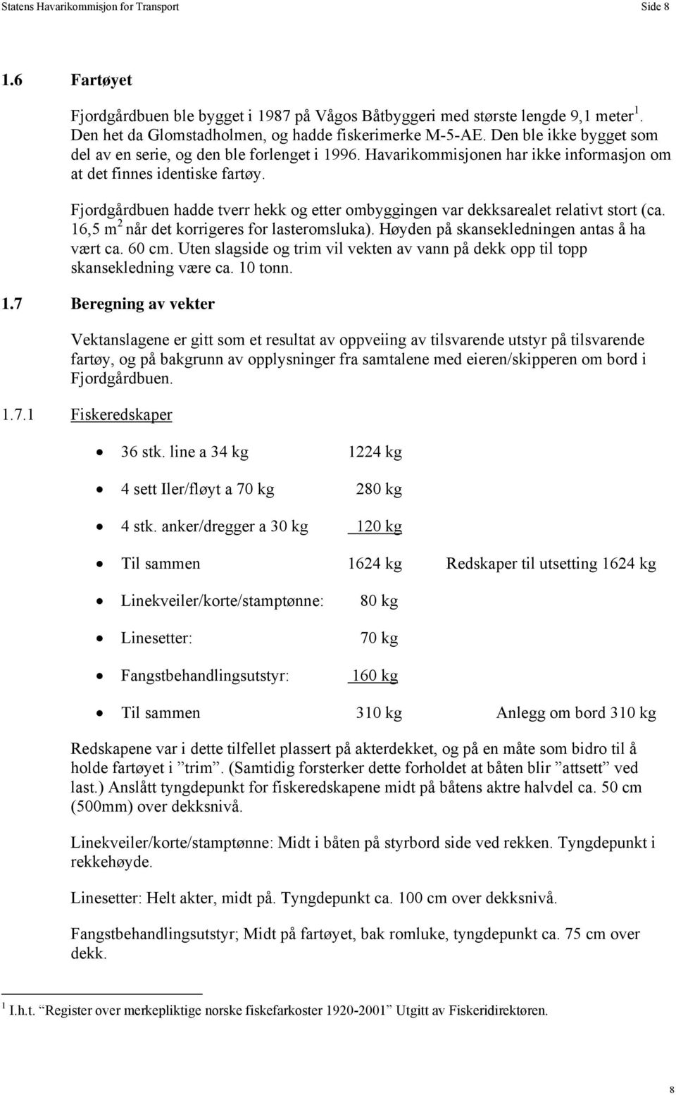 Fjordgårdbuen hadde tverr hekk og etter ombyggingen var dekksarealet relativt stort (ca. 16,5 m 2 når det korrigeres for lasteromsluka). Høyden på skansekledningen antas å ha vært ca. 60 cm.