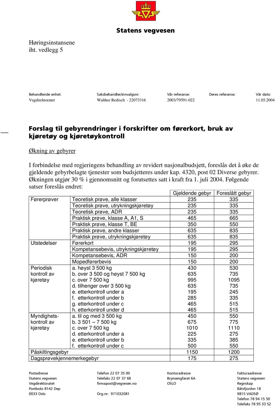 det å øke de gjeldende gebyrbelagte tjenester som budsjetteres under kap. 4320, post 02 Diverse gebyrer. Økningen utgjør 30 % i gjennomsnitt og forutsettes satt i kraft fra 1. juli 2004.