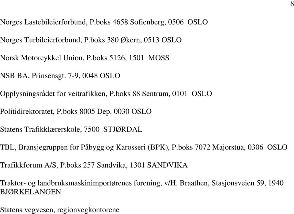 0030 OSLO Statens Trafikklærerskole, 7500 STJØRDAL TBL, Bransjegruppen for Påbygg og Karosseri (BPK), P.boks 7072 Majorstua, 0306 OSLO Trafikkforum A/S, P.