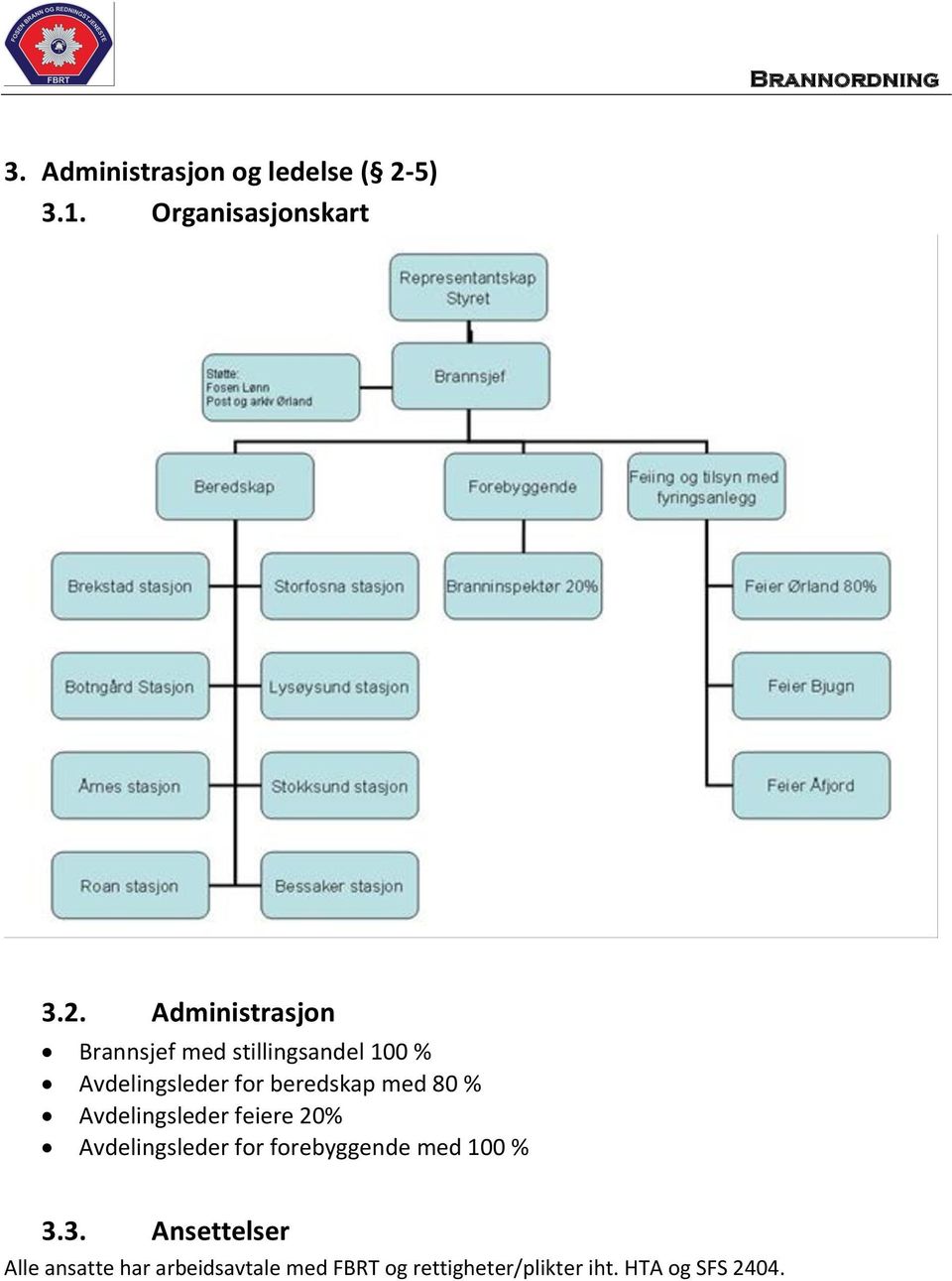 Administrasjon Brannsjef med stillingsandel 100 % Avdelingsleder for beredskap